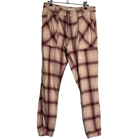 Free People Maroon Plaid Button Fly Utility Cargo Pants Sz 2 - Picture 2 of 11